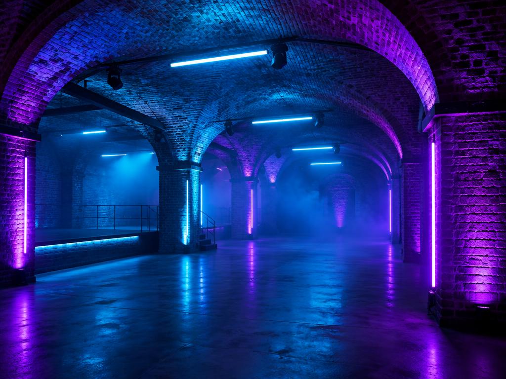 Brick-vaulted party space glowing in cyan and violet